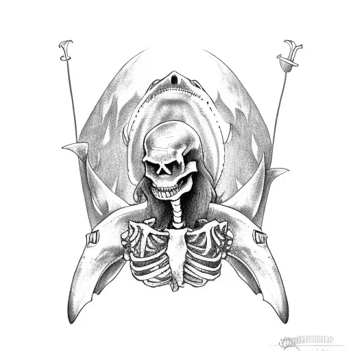 Skeleton Drinking A Beer While Riding A Shark W