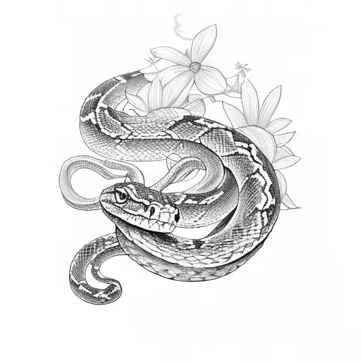 A Snake Around Trhee With Some Little Flowers