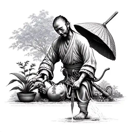 Peaceful Samurai Gardener Watering A Plant