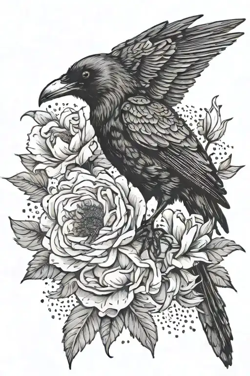 A Raven Carries A Peony In Its Beak