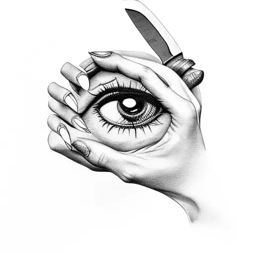 Female Hand Holding A Knife With Eyes Reflection In It