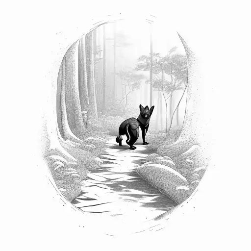 A Trail Winding Through A Lush Forest With A Silhouette Of A Dog Leading The Way