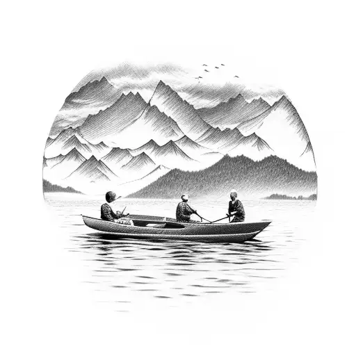 Boy And Grandfathe On Conoe Fishing On Lake With Moutains In The Background