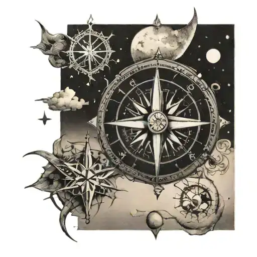 A Dotwork Tattoo Of A Compass Rose With A Moon And Various Travel Destinations Marked On It