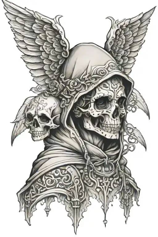 Angel In A Hood With A Transition To 3 Small Skulls
