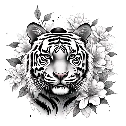 Tigre Avec Buddha Temple Surrounded By Blooming