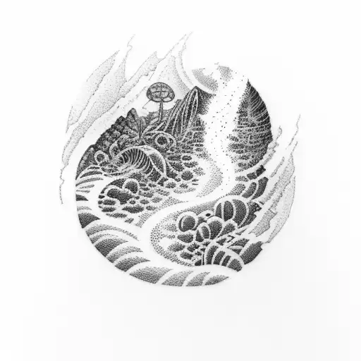 Half Sleeve Tatto Of A Waterfall And Lava Going Into The Ocean Of A Tropical Beach