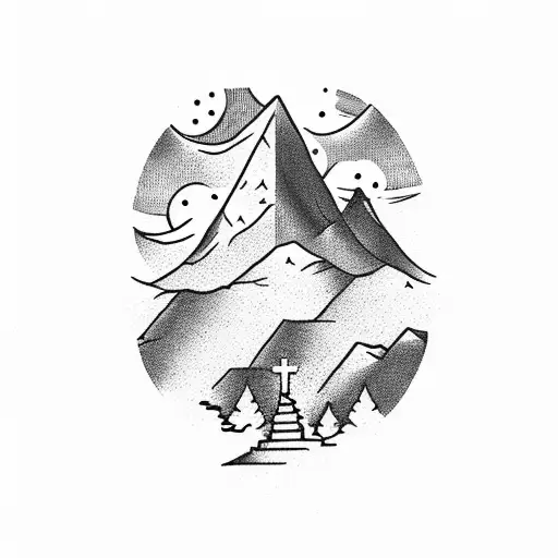 A Hill With A Small Cross On Top With A Mountain In The Background