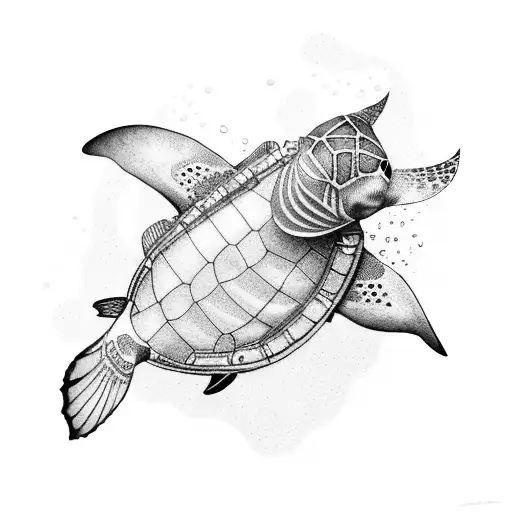 Full Scuba Diver Female With Water Manta Ray And Turtle