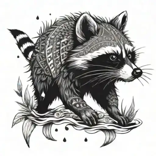 A Tribal-inspired Raccoon Fishing In A Prehistoric Jungle