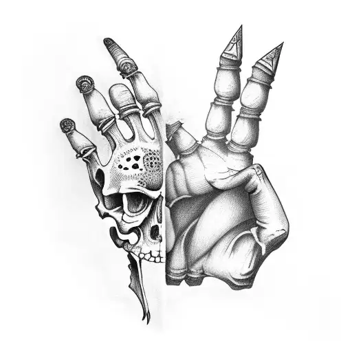 Skeleton Hand And A Normal Hand On Opposite Sides And A Sickle In Between The Space