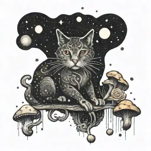 A Celestial Cat Constellation Surrounded By Various Mushrooms