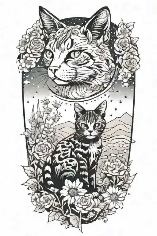 A Cat Exploring A Field Of Colorful Flowers Under A Starry Sky