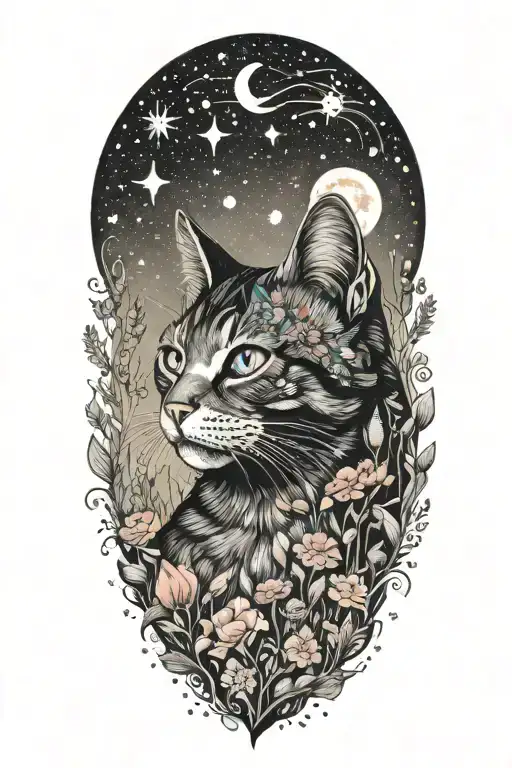 A Cat Exploring A Field Of Colorful Flowers Under A Starry Sky