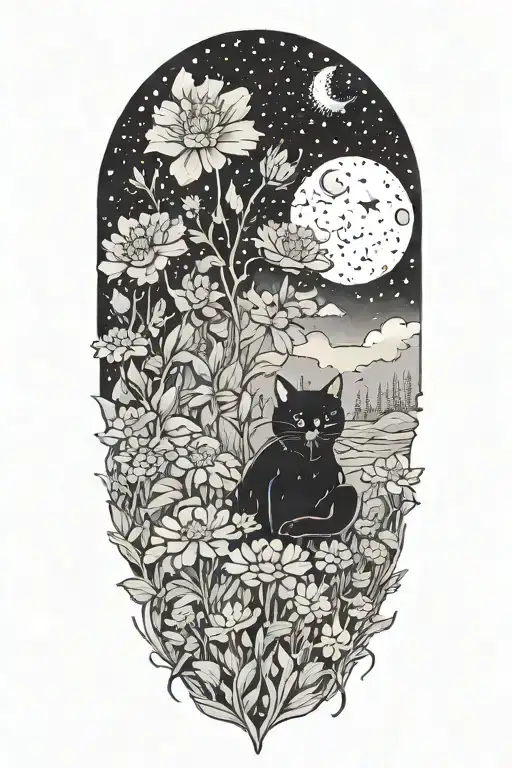 A Cat Exploring A Field Of Colorful Flowers Under A Starry Sky