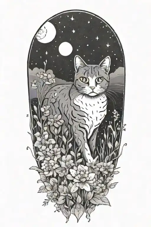 A Cat Exploring A Field Of Colorful Flowers Under A Starry Sky