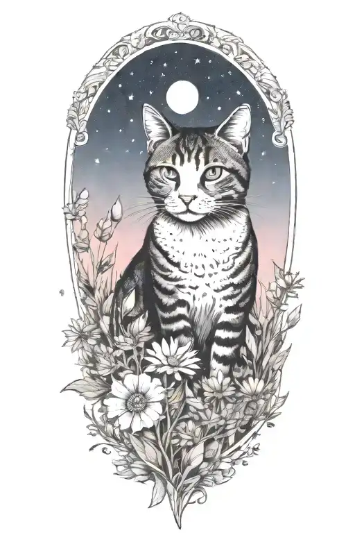 A Cat Exploring A Field Of Colorful Flowers Under A Starry Sky