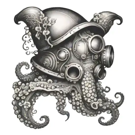 Octopus With Diving Helmet And Flowers
