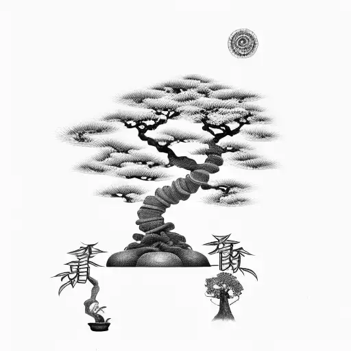 One Big Circular Spiraling Mandala Around Japanese Bonsai Tree