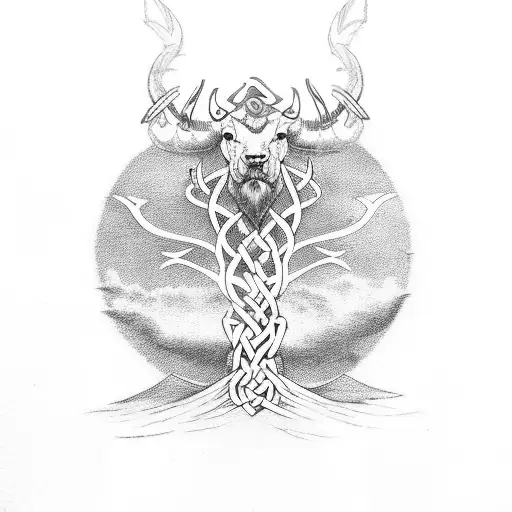 Viking Tree With Bull And Crane Celtic Style Soundded By Runes And And A Viking Battlefield