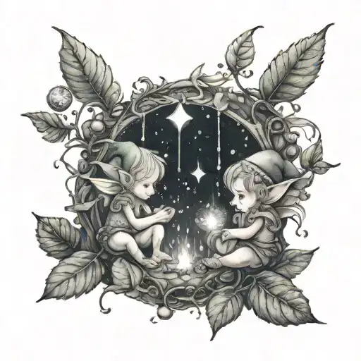 A Whimsical Scene Of Baby Elves Playing With Sparkling Crystals In A Magical Forest