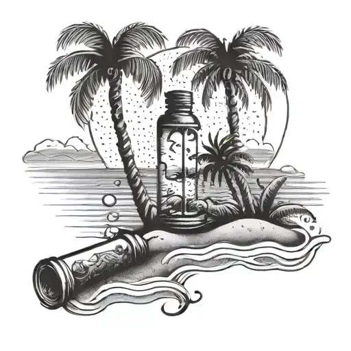 A Beach Scene With A Love Letter In A Bottle And A Palm Tree Shaped Like A Heart