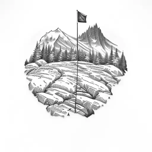 Mountain Scence With Golf Hole And Flag
