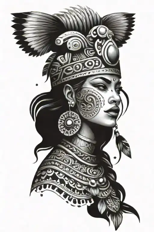 Aztec Woman Warrior With Jaguar Surrounded