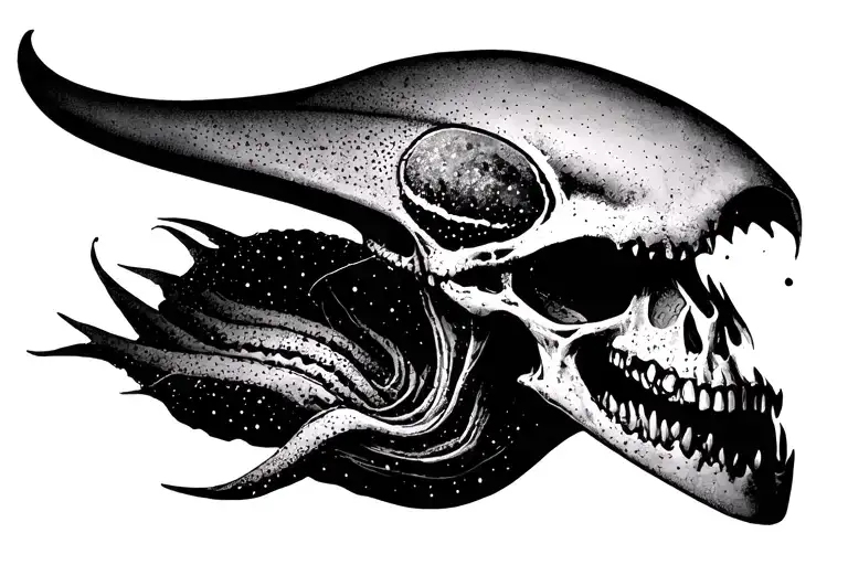 Cosmic Alien Romulis Elongated Skull With An Open Mouth With Fangs In Saliva