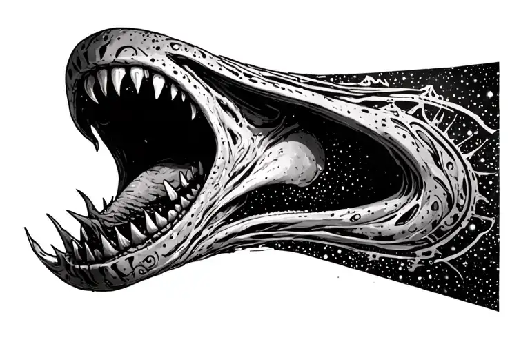 Cosmic Alien Romulis Elongated Muzzle With An Open Mouth With Fangs In Saliva