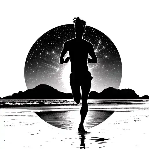 A Silhouette Of A Runner On A Beach At Sunset With Aries Constellation In The Sky