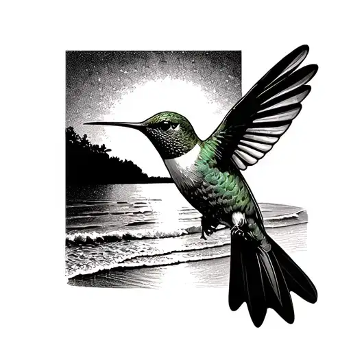 A Hummingbird Flying Over A Beach At Sunset