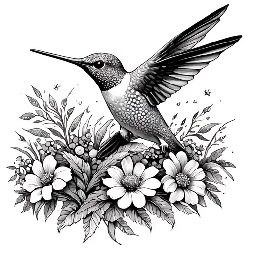 A Beach Scene With A Hummingbird Flying Among Flowers