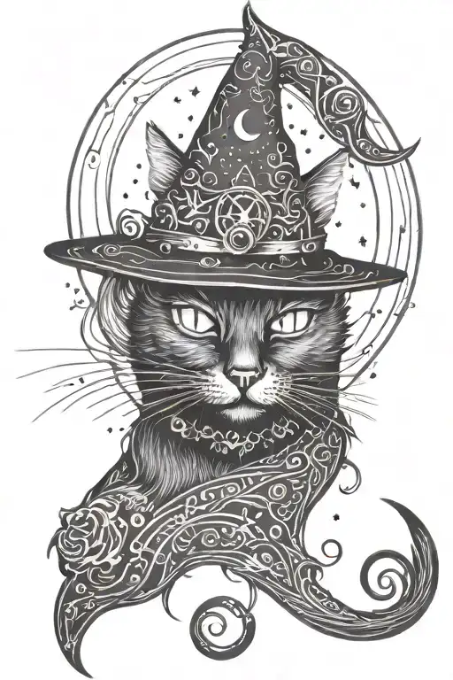 Black Cat With Witches Hat And Crescent Moon Surrounded