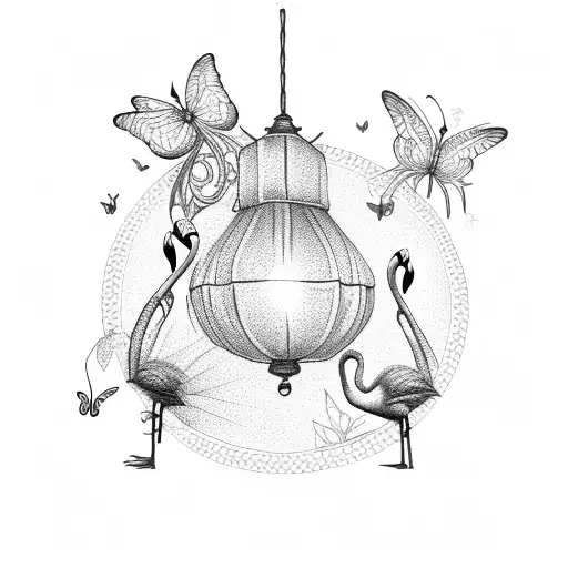 Flamingo With Butterflies And Lanterns