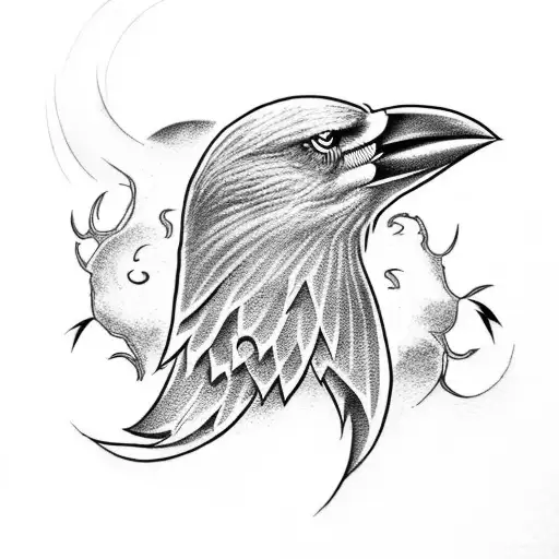 Design A Dotwork Tattoo Featuring A Crow And Norse Symbols Representing Helheim