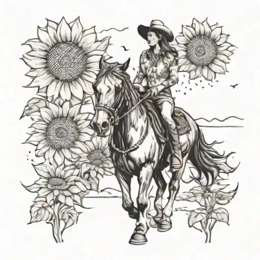 A Cowgirl Leading A Horse Through A Field Of Sunflowers