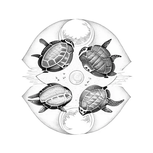 Four Turtles Swimming Round A Sun Moon Star And Trident
