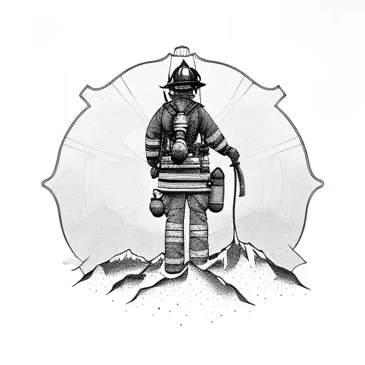 A Silhouette Of A Firefighter Standing On A Mountain Peak With A Blazing Sunset Behind