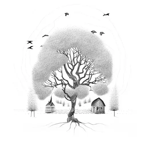 Tree With Birds And A Decrepod Barn