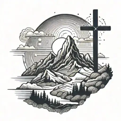 Beautiful Cross On The Top Of A Moutain With Sunrise Integrated