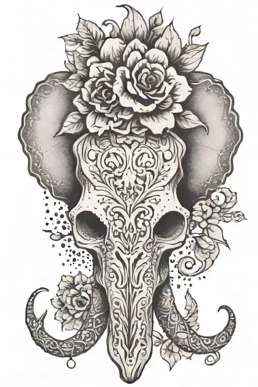 A Detailed Elephant Skull Surrounded By Intricate Dotwork Floral Patterns