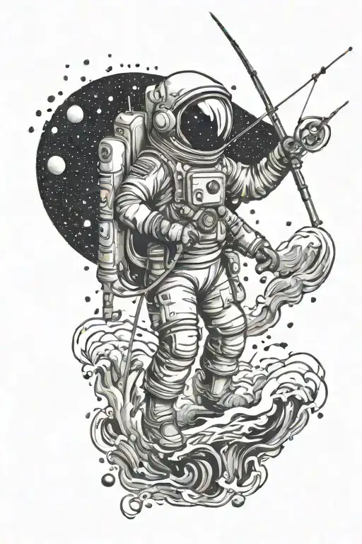 Spaceman Standing With A Fishing Rod In Water With The Night Sky Above Tattoo Design Idea