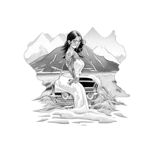 A Vintage Car Driving Through A Scenic Landscape With A Girl Sitting On The Hood