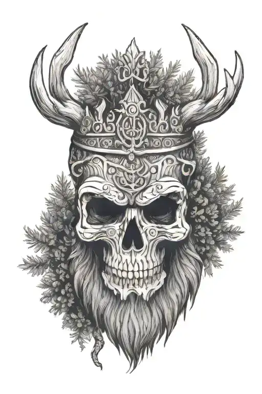 Viking Skull With Beard With Pine Trees With A Crown Made From Deer Antlers