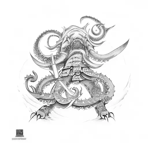 A Japanese Samurai Fighting A Kraken