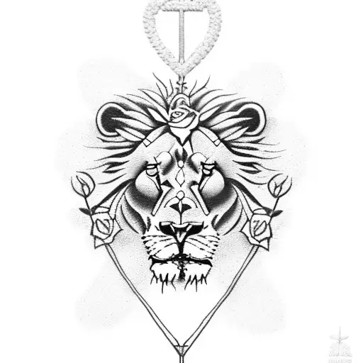 Lion With Roses Ancer Heart And Crucifix