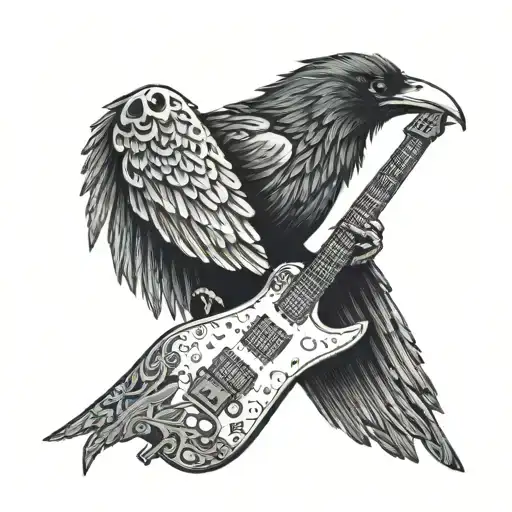 A Raven Perched On An Electric Guitar With Viking Symbols Engraved On It