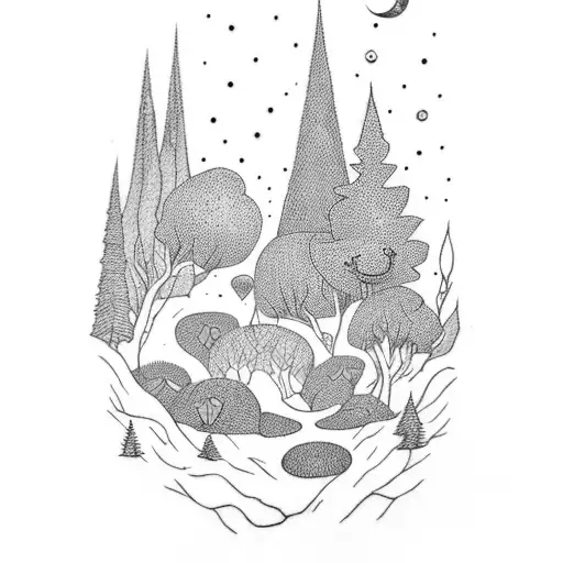 A Dotwork Tattoo Showcasing A Whimsical Forest Landscape With Mystical Elves