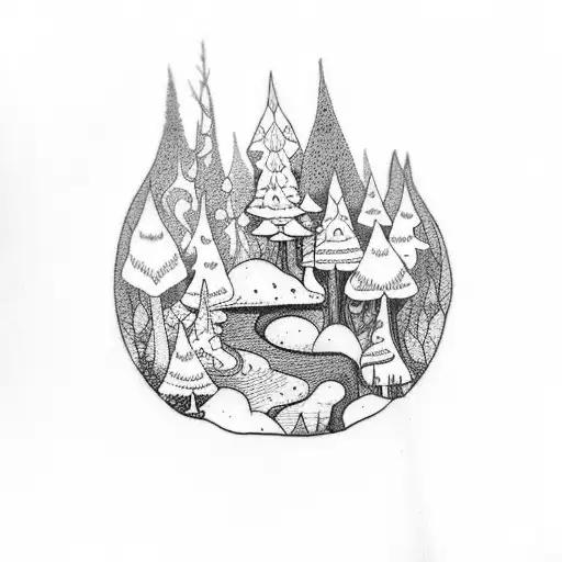 A Dotwork Tattoo Showcasing A Whimsical Forest Landscape With Mystical Elves